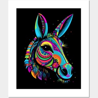 Donkey Face Cute Colorful Farm Animal Art Funny Black Posters and Art